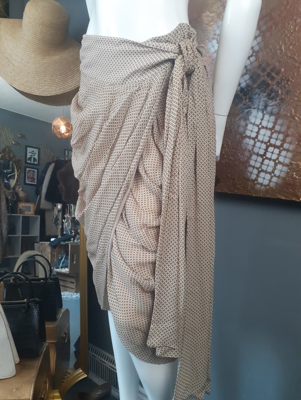 Zara Nwt Neutral Patterned Draped Wrap Skirt - Beige